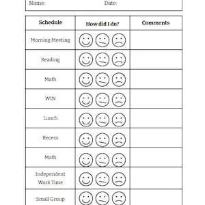Könnte beinhalten: Ein weißes Papier mit dem Titel "Daily Behavior" mit einer Tabelle zur Verfolgung täglicher Aktivitäten. Die Tabelle enthält Abschnitte für Zeitplan, wie es mir ging und Kommentare, mit Smiley-Symbolen zur Bewertung.