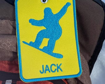 Personalized Embroidered Ski Luggage Tag, Snowboard Gear ID JACK Design