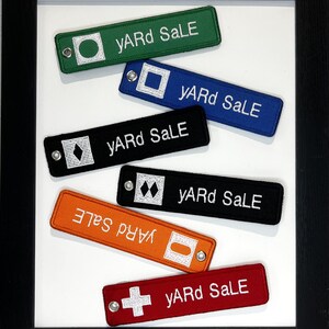 Yard Sale Ski Trail Sign Bag Tag, Embroidered Patch or Keychain, Custom Name