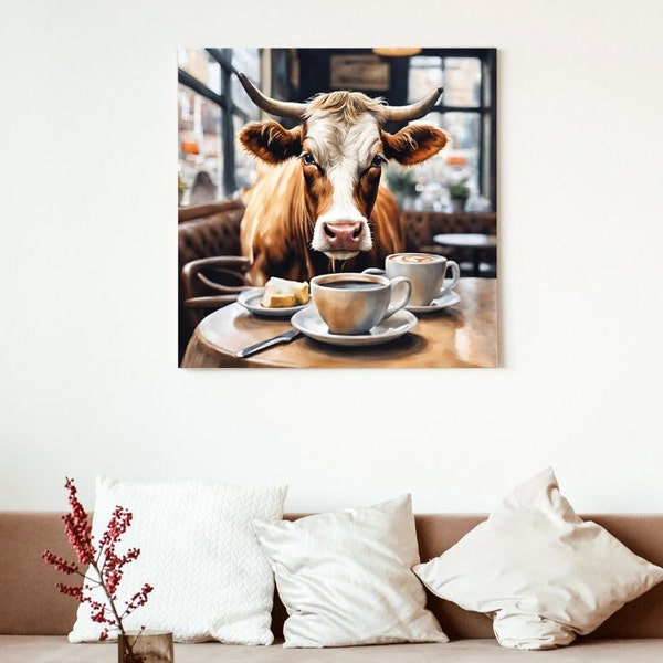Cow In Coffee Shop Funny Animal Art Water Color Digital Art Print Kitchen Dining Room Decor Coffee Nook Cattle Farm House Rancher Tea Cup