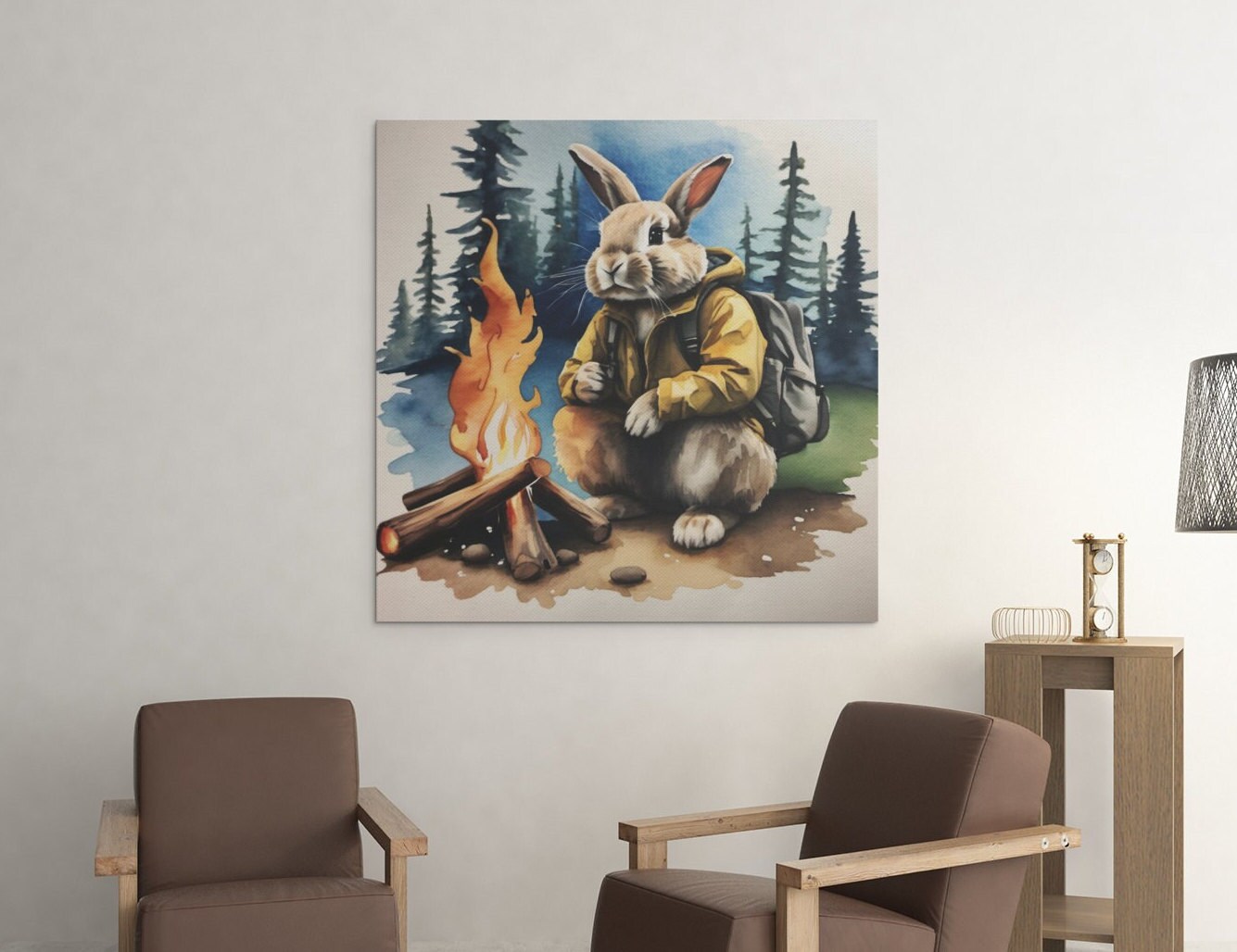 Campfire Bunny Funny Animal Wall Art Rabbit Hiking in Forest Nature ...