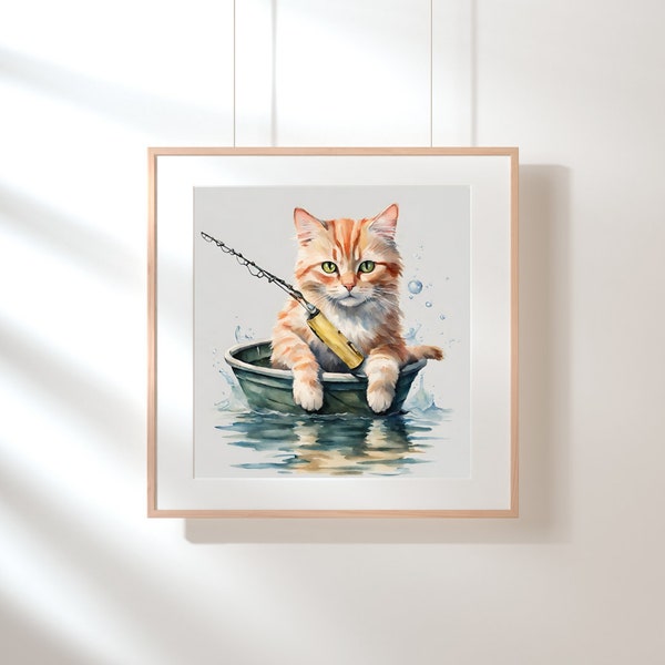 Kitty Cat Going Fishin' Adorable Water Color Digital Art Print Fishing Orange Kitten Bathroom Decor Funny Animal Art Man Cave Square Boating