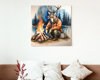 Hunting Buck Funny Animal Art Water Color Deer Painting Digital Art Print Hiking Man Cave Decor Gaming Room Nature Outdoor Trees Campfire