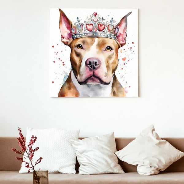 Pit Bull Princess Portrait Valentines Day Printable Wall Art Water Color Dog Pink Hearts Square Adorable Puppy Girls Room Digital Download