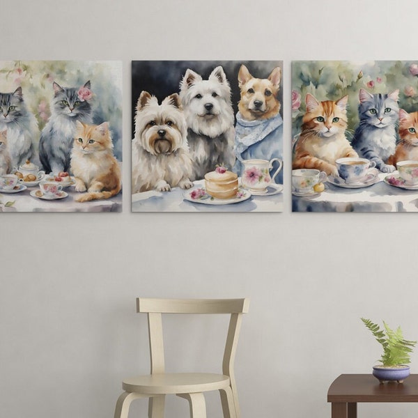 Animal Tea Party 3 Piece Wall Art Set Kittens Cats Puppy Dogs Cute Cats Dressed Tea Party Brunch Funny Animal Art Cafe Kitchen Decor Print