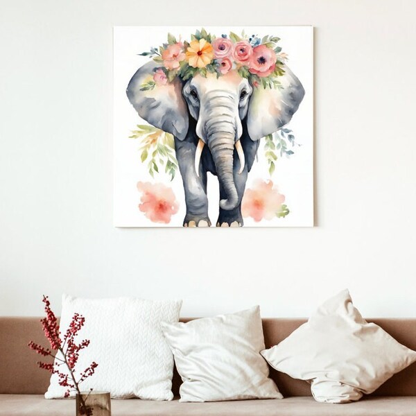 Floral Elephant Wall Art Beautiful Exotic Animal Decor Bed Room Dorm Nursery Square Unique Flower Water Color Art Digital Download Printable