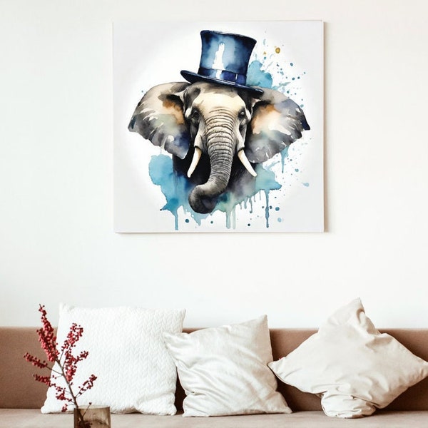 Elephant Wall Art Portrait Wearing Top Hat Exotic Animals Steam Punk Bed Room Dorm Square Print Blue Water Color Elephant Digital Download