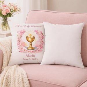 Almohada de Primera Comunión para Niña, Regalo Católico, Cáliz Floral Rosa
