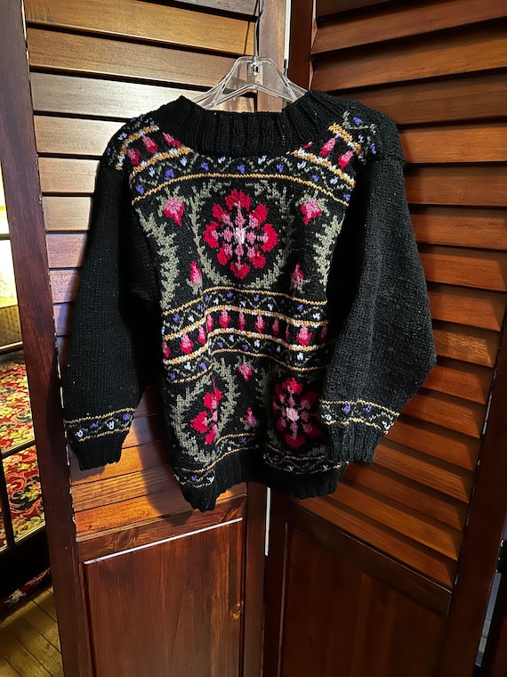 Handmade Black Floral Wool Sweater - Size Large