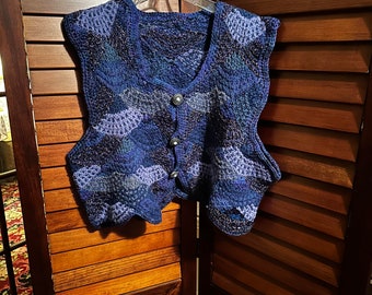 Handmade Blue Wool Sweater  Vest- Size X Large