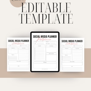 May include: Three digital social media planner templates. The templates are designed for content planning, post planning, and general planning. The templates are in black and white with a red accent color.