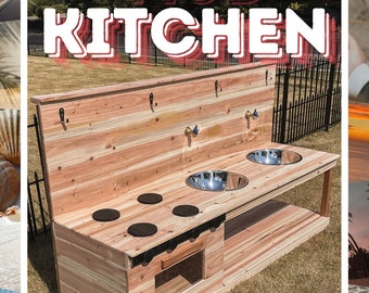 May include: A wooden mud kitchen playset with two sinks, a stovetop, and a small oven. The kitchen is made of natural wood and has a rustic look. The text "MUD KITCHEN WOODWORKING PLAN PDF WITH VIDEO!" is printed on the bottom of the image.