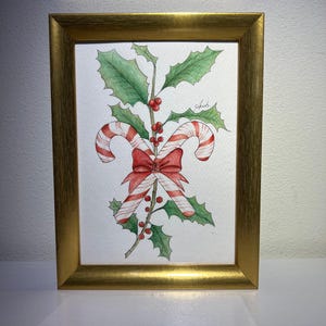 Dipinto a tema natalizio fatto a mano con acquerelli / Idea regalo di Natale / Candy cane in acquerello con cornice