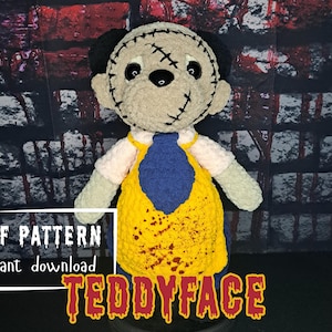 Puede incluir: Patrón de crochet para un juguete de peluche Teddyface. El patrón incluye instrucciones para hacer una cara cosida, un delantal amarillo con salpicaduras de sangre roja y una corbata azul. El patrón está disponible para descarga instantánea.