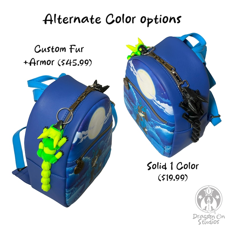 May include: Two blue backpacks with different designs. The backpack on the left has a green and yellow dragon charm and a moon and clouds design. The backpack on the right has a black dragon charm and a moon and clouds design. The text "Custom Fur +Armor ($45.99)" is above the left backpack. The text "Solid 1 Color ($19.99)" is below the right backpack. The text "Dragan On Studios" is at the bottom of the image.