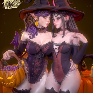 Prywinko & Kittew Halloween Witches Pinup | 3D Printed Resin Pinup Miniature | Custom Hand Painted Collectible | Ronin Arts Workshop