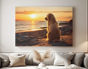 Golden Retriever Beach Sunset Canvas Print: Dog Lover Wall Art