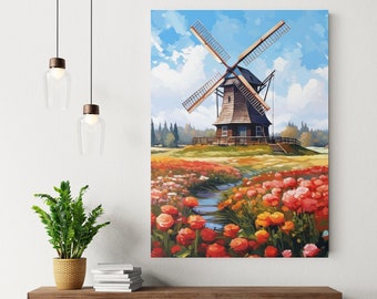 Windmill Oil Painting Canvas, Countryside Painting, Vintage Windmill Decor, Modern Home Decor, Ready To Hang Artwork