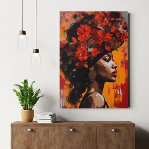 Black Woman Canvas Art, African Woman With Flower Hat Wall Decor, African Girl Art Print, Black Girl Abstract Decor