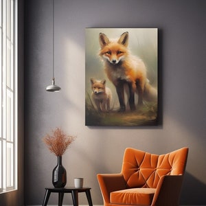 Fox And Her Pup Canvas Art, Cute Fox Pup Wall Art, Fox Wall Decor, Adorable Animal Poster, Ready To Hang Print, Nursery Room Decor