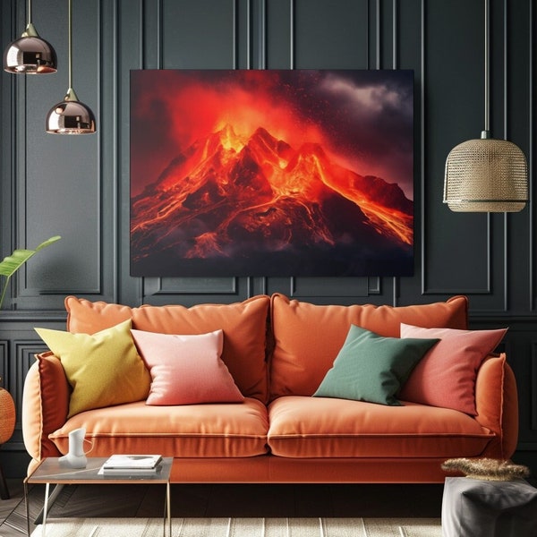 Volcano Eruption Canvas, Lava Coming Down From Volcano Artwork, Red Lava Wall Print, Landscape Home Decor, Living Room Decor