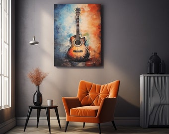 Acoustic Guitar Oil Painting on Canvas: Abstract Music Wall Art