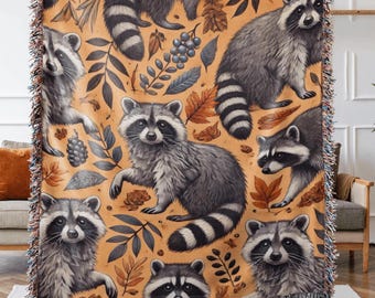 Raccoon Fall Woven Blanket: Cozy Cottagecore Throw