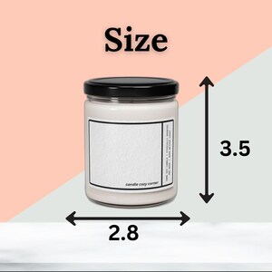 May include: A white candle in a glass jar with a black lid. The candle is 3.5 inches tall and 2.8 inches wide. The label reads "candle cozy corner". The background is a mix of pink, white, and light green.