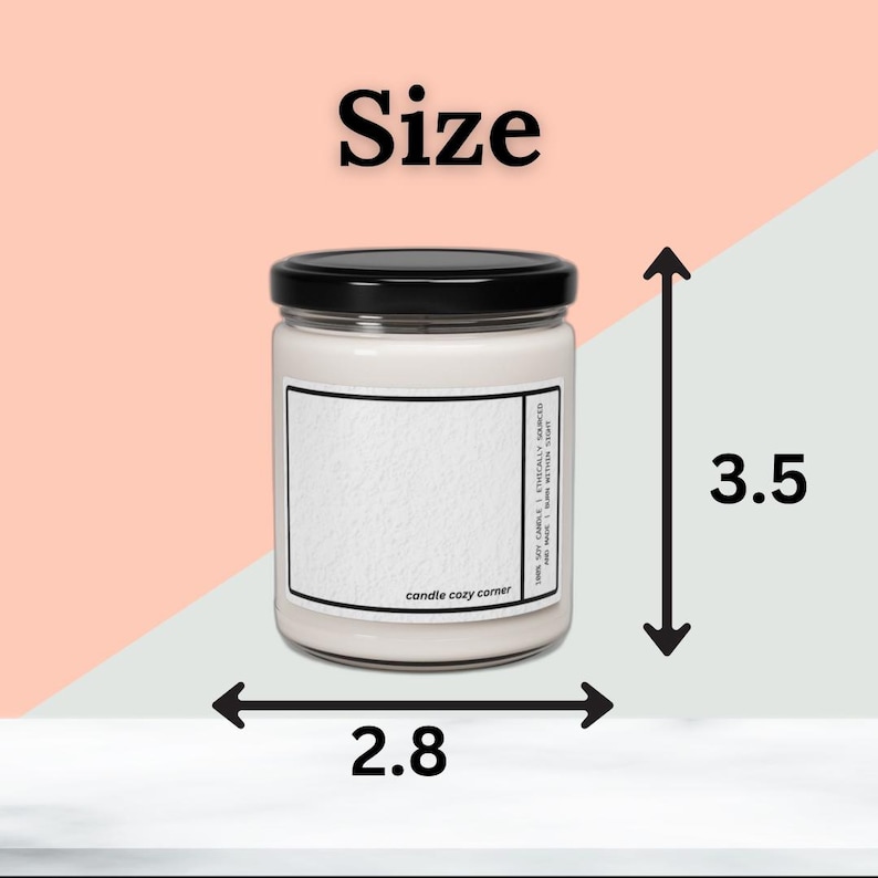 May include: A white candle in a glass jar with a black lid. The candle is 3.5 inches tall and 2.8 inches wide. The label reads "candle cozy corner". The background is a mix of pink, white, and light green.