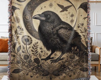 Dark Gothic Crow Tapestry, Raven Wall Art Blanket, Woven Wall Hanging, Halloween Woodland Aesthetic Decor, Gothic Cottagecore Crow Blanket