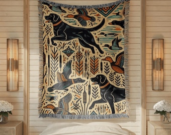 Manta de perro de caza, manta de labrador negra, decoración de caza de patos, manta para perros para entusiastas de la caza, regalo para mamá perruna, decoración de caza para el hogar