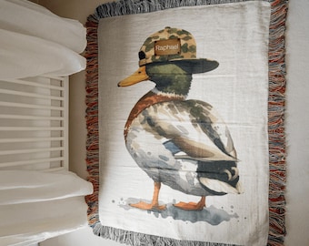 Personalized Woven Duck Baby Blanket, Mallard Nursery Decor, Hunting Swaddle, Custom Name Throw,  Baby Shower Gift Mallard Duck Nursery Gift
