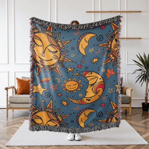 Boho Sun Moon Blanket: Celestial Cotton Woven Throw