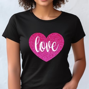 Love Heart T-Shirt, Glitter Heart T-Shirt, Fuchsia Heart T-Shirt, Magenta Heart T-Shirt, Valentine&#39;s Day Tee, Valentine T-Shirt