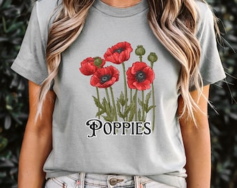 Maglietta con papaveri, maglietta vintage con papaveri rossi e motivi floreali, maglietta in stile cottagecore, maglietta con fiori selvatici