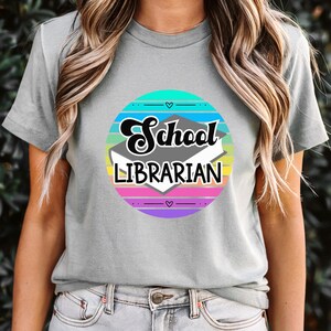 School Librarian T-Shirt, Retro Rainbow School Librarian Tee, Unisex Elementary Library Media Specialist Shirt, Middle School, High School
