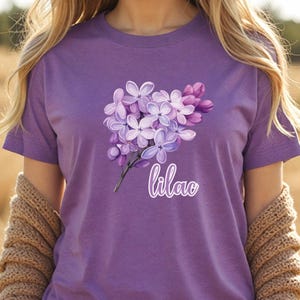 Women&#39;s Lilac T-Shirt, Ladies Lilac Flower Shirt, Women&#39;s Floral Tee, Gift for Her, Gift for Mom, Flower Lover, Flower Gardener, Spring Tee