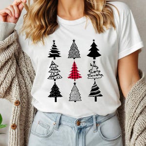 Monochrome Christmas Tree T-Shirt, Plaid Christmas Trees Tee, Holiday Pajama Shirt, Cozy Xmas Tee, Family PJ Tee