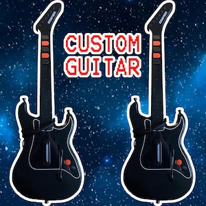May include: Two black custom guitars with white outlines are displayed against a starry background. The guitars have red and orange buttons and the text "CUSTOM GUITAR" is in the center. The guitar's headstock reads "KRAMER".
