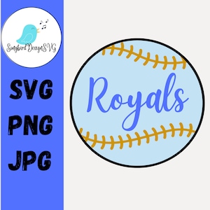 Royals honkbal SVG, PNG, JPG | Lichtblauwe bal, gouden stiksel, koningsblauwe tekst, Kansas City Royals, Major League Baseball, Spring Training