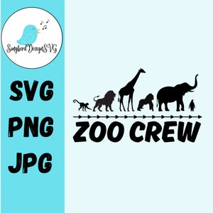 May include: Black silhouette design of a monkey, lion, giraffe, gorilla, elephant, and penguin with the text "ZOO CREW" below. The design is on a white background.