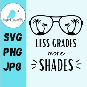 May include: Black and white graphic design of sunglasses with palm trees reflected in the lenses. The text "LESS GRADES more SHADES" is below the sunglasses.
