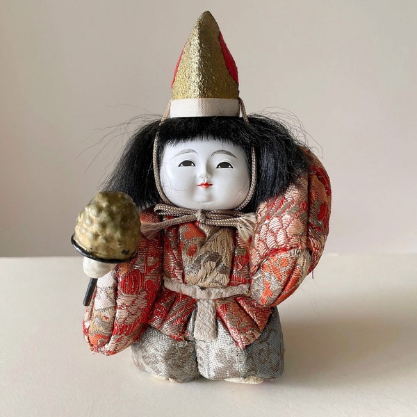 Vintage Japanese Hina Matsuri Boy Doll with Hat Standing Brocade Fabric Kimono