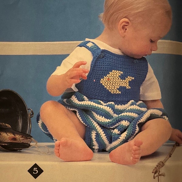 Vintage Crochet Pattern Baby Toddler Seaside Romper Fish Ocean PDF Instant Digital Download 9, 12, 18, 24 Months DK Boy Girl Unisex