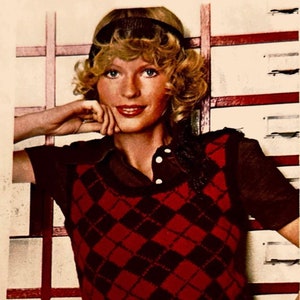 Retro stickmönster Dam Ärmlös Argyle Mönster Väst PDF Direkt Digital Nedladdning Liten Mellan Stor XL 1970-tal