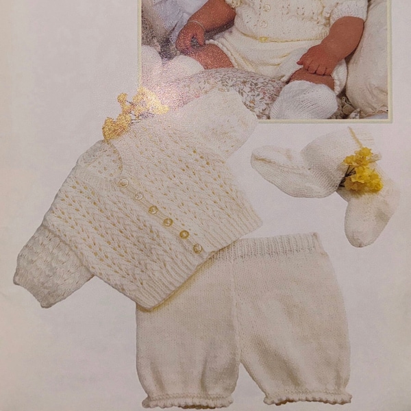 Vintage Knitting Pattern Baby Three Piece Outfit Cardigan Sweater Coat Pants Leggings Socks PDF Instant Digital Download 18" - 22" DK