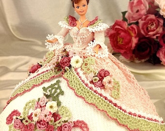 Vintage CROCHET Doll Pattern Southern Belle Rose Flower Barbie Dress Lace ball gown PDF Download Debutante 11. 5 Inch