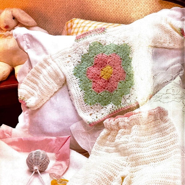 Vintage Crochet Pattern Baby Layette Flower Garden Pullover Pants Bonnet Booties Mittens PDF Download 5 piece 6, 12, 18, 24 Months Girl