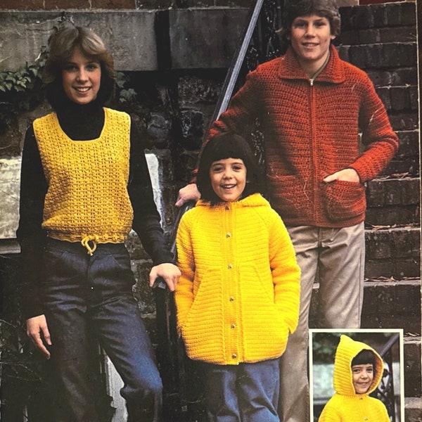 Vintage Sweater Zipper Lace Motif Cardigan Pullover Hoodie Jacket Crochet Patterns PDF instant download 1970s Men Women Child