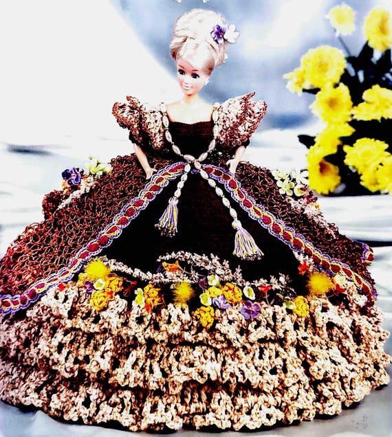 Vintage CROCHET Doll Pattern Southern Belle Calendula Flower Barbie Dress Lace ball gown PDF Download Debutante 11. 5 Inch